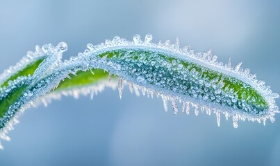 Naklejka premium Close-up of frost-covered green leaf.