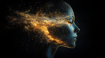 glowing neural network forming shape of human profile, showcasing cosmic elements and vibrant colors