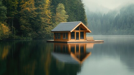 Obraz premium Serene Lakeside Cabin Retreat: A Misty Mountain Escape