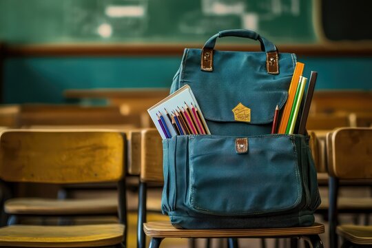 A backpack hanging on a chair, with school supplies like a notebook, pens, and a pencil box peeking out of the main compartment, against the backdrop of a classroom setting.
