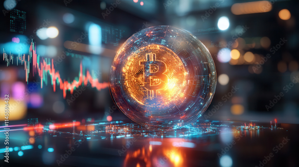 Poster glowing bitcoin symbol surrounded by digital elements and graphs, representing cryptocurrency trends
