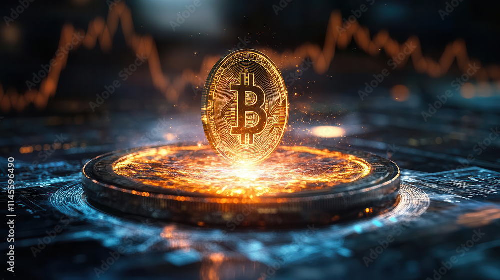 Poster glowing bitcoin coin spinning above digital platform with data charts