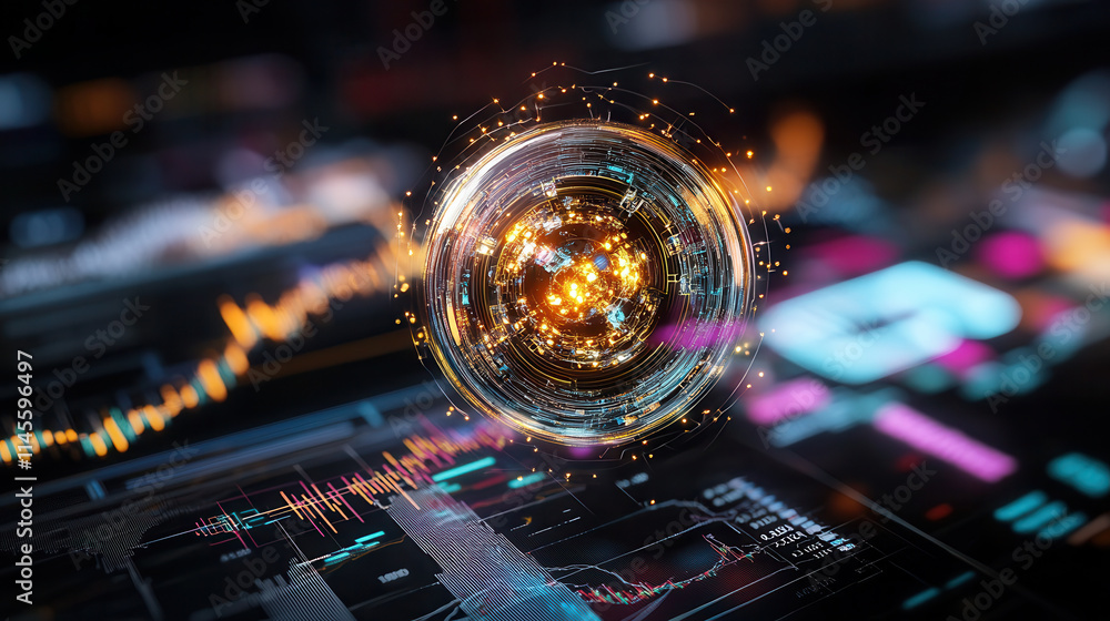 Poster glowing digital sphere surrounded by data visualizations and graphs, symbolizing technology and inno
