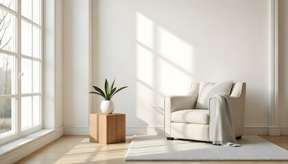 A minimalist living room with a white armchair, a wooden side table with a plant , and natural light streaming in through a window