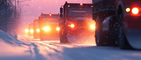 A convoy of trucks navigates through a snowy landscape at dusk, with their headlights illuminating the falling snow.