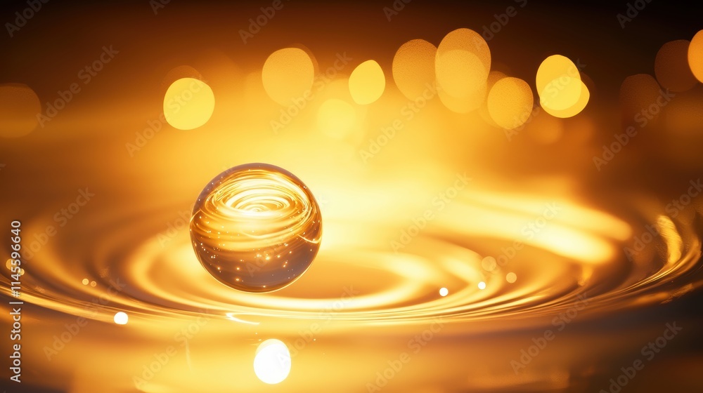 Poster a shimmering golden orb disturbs calm water, creating concentric ripples and capturing light in a tr