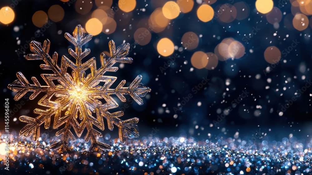 Poster a sparkling snowflake shines amidst a blurred background of golden and blue bokeh lights, creating a