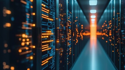 A futuristic data center corridor illuminated by glowing servers, showcasing advanced technology and digital infrastructure.