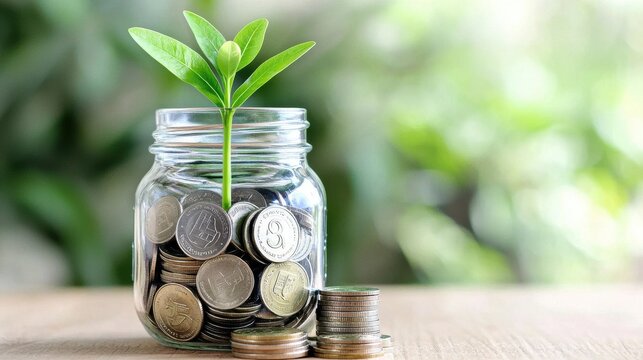A jar filled with coins and a small plant sprouting from the top symbolizes growth and financial prosperity.