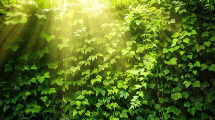 Lush green Amazon rainforest with dense trees, sunlight streaming through leaves, and a misty atmosphere.