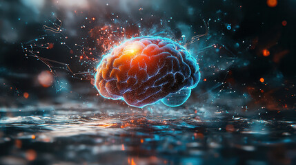 glowing holographic brain surrounded by vibrant data streams and particles