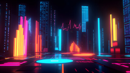 A neon cityscape with buildings in bright colors. The city is lit up with neon lights and the buildings are tall. Scene is energetic and futuristic