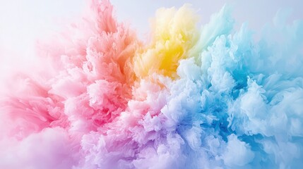 Fototapeta premium Vibrant pastel colored smoke clouds in pink, yellow, and blue create a soft abstract texture.