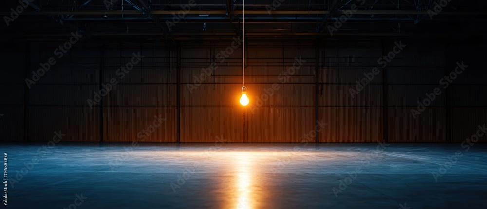 Poster a dimly lit space featuring a single hanging bulb, casting a warm glow on the smooth floor, creating