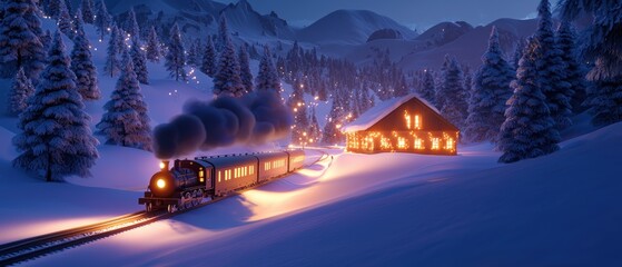 A snowy landscape features a steam train traveling past a cozy, illuminated cabin surrounded by tall trees and mountains in a serene twilight setting.
