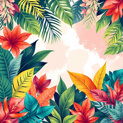 Naklejka premium Inviting summer backdrop featuring lush tropical foliage and vibrant abstract patterns, perfect for vacation, tropical designs, or exotic escapades