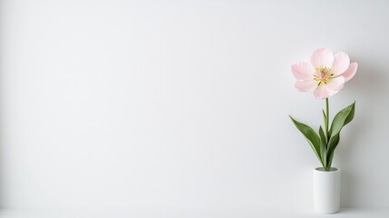 Single pink tulip in white vase against white background.