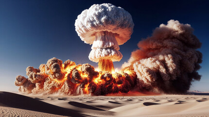 Blasting bomb in desert background, Nuclear blast 