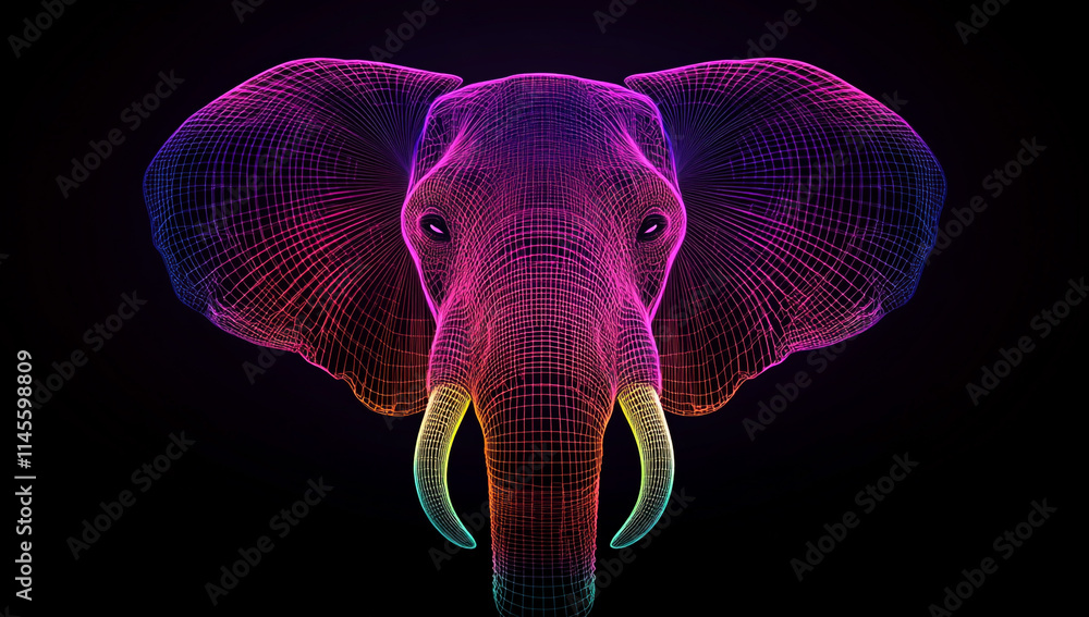 Poster create an elephant head in a neon wireframe design with vibrant colors on a black background
