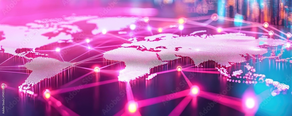 Poster Inventory management concept. Digital world map with connections, representing global networking and technology.