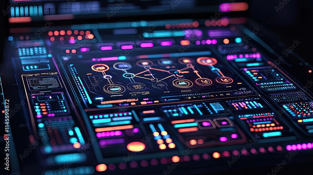 Poster Inventory management concept. Futuristic interface design with colorful digital elements and data visualization tools.
