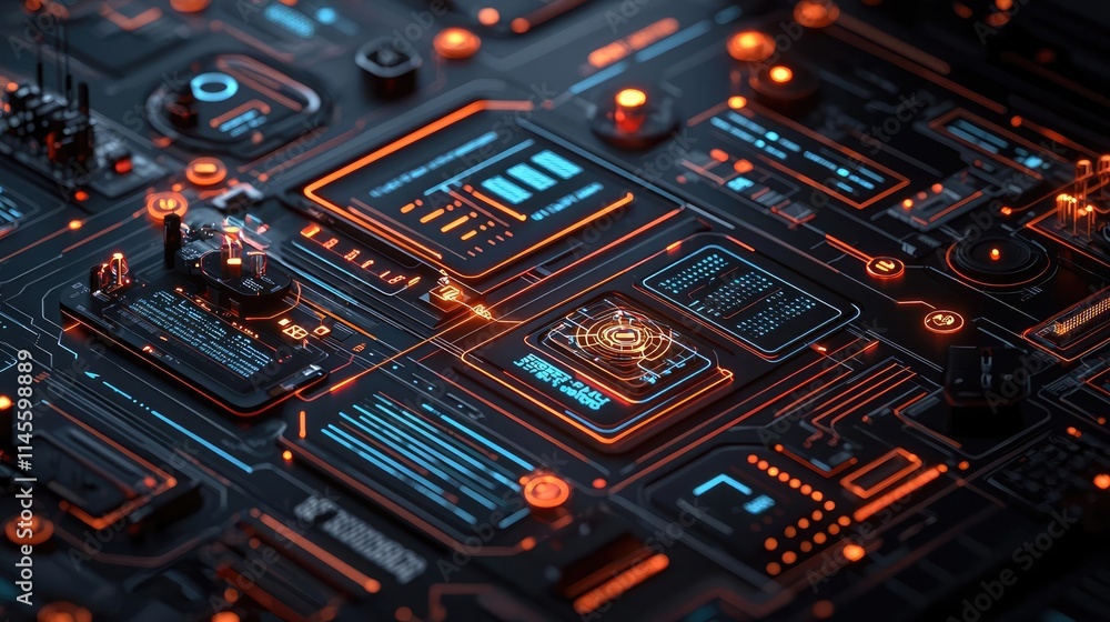 Poster inventory management concept. futuristic circuit board design showcasing intricate details and vibra
