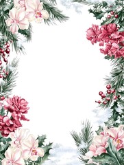 Elegant Christmas Frame with Floral Border Featuring Holly, Pine, and Tropical Flowers Perfect for Holiday Greetings and Festive Decorations