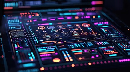 Obraz premium Inventory management concept. Futuristic interface design with colorful digital elements and data visualization tools.