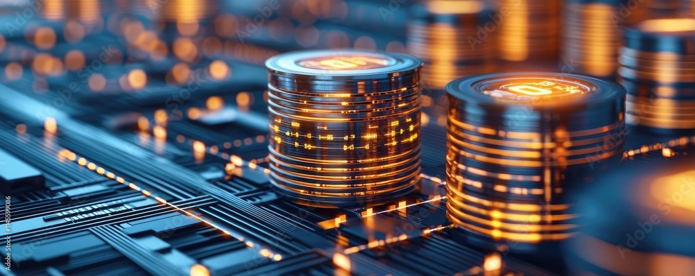 Poster capital cost concept. close-up view of digital currency coins on a futuristic circuit board.