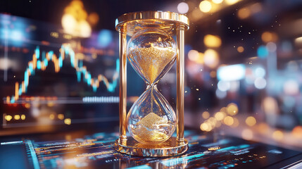 golden hourglass with gold dust flowing inside, symbolizing time and wealth. background features financial graphs and glowing lights
