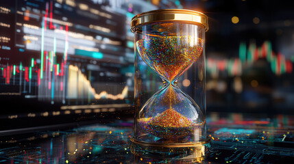 golden hourglass with colorful dust flowing inside, symbolizing time and investment. background features financial graphs and data