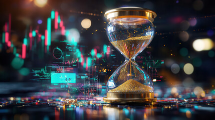 golden hourglass with gold dust flowing inside symbolizes time and investment. background features financial graphs and data