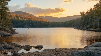 Serene Remote Mountain Lake at Sunset with Rocky Shoreline