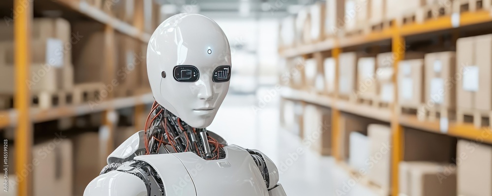 Poster inventory management concept. a humanoid robot stands in a modern warehouse environment, showcasing 