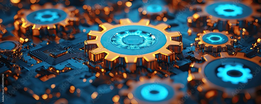 Poster capital cost concept. close-up view of luminous gears in a high-tech mechanical system.