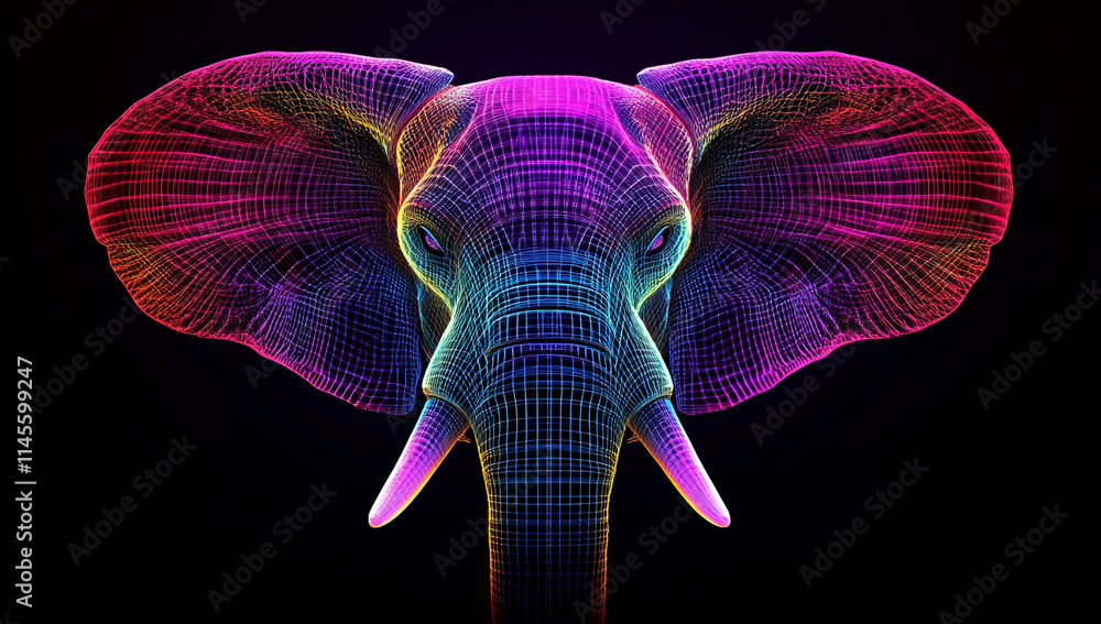 Poster create an elephant head in a neon wireframe design with vibrant colors on a black background