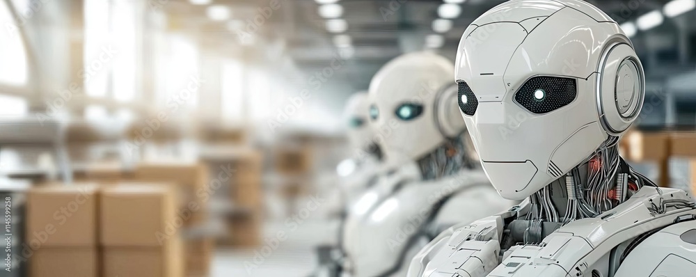 Poster inventory management concept. futuristic robots in a modern warehouse, showcasing advanced automatio