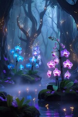 Fototapeta premium The flowers are in vibrant colors like electric blue and neon purple, surrounded by mystical trees and sparkling fireflies. A soft mist lingers in the air, creating a dreamy, fantasy-like scene