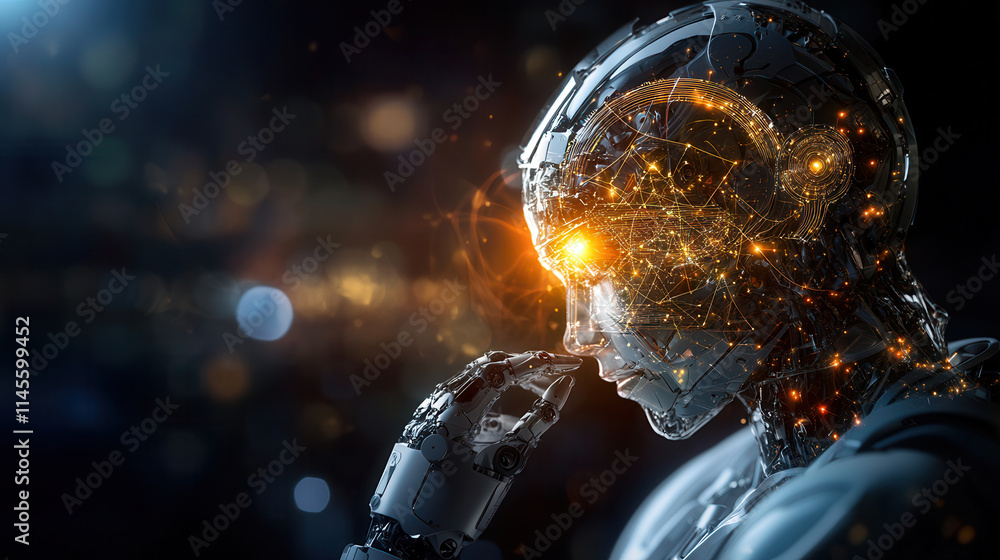 Poster Humanoid robot with glowing circuits, deep in thought, showcasing advanced technology and artificial intelligence