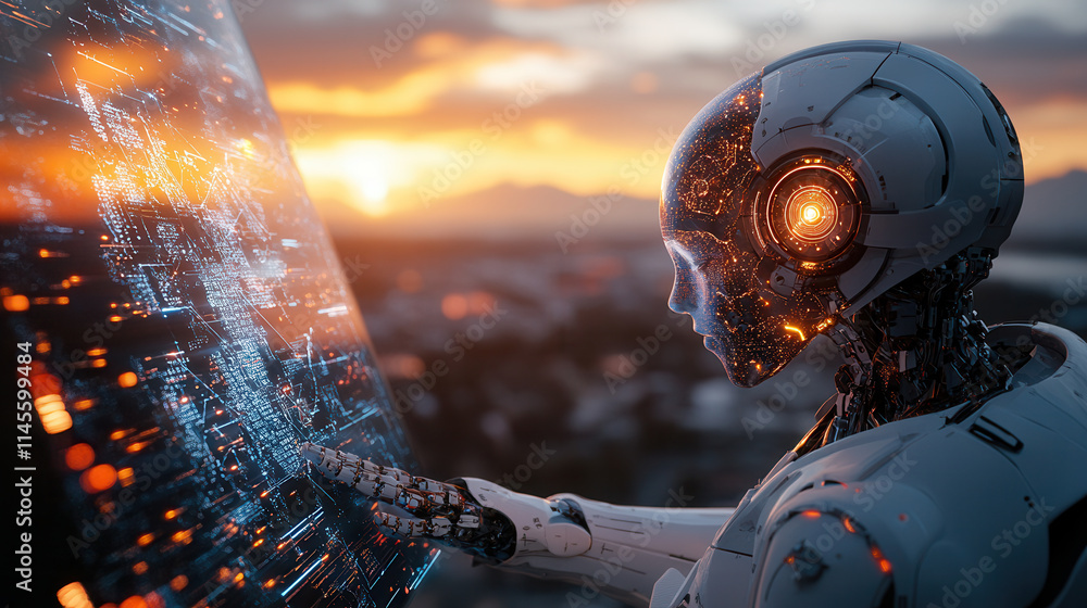 Poster humanoid robot interacts with digital interface, showcasing advanced technology and innovation again