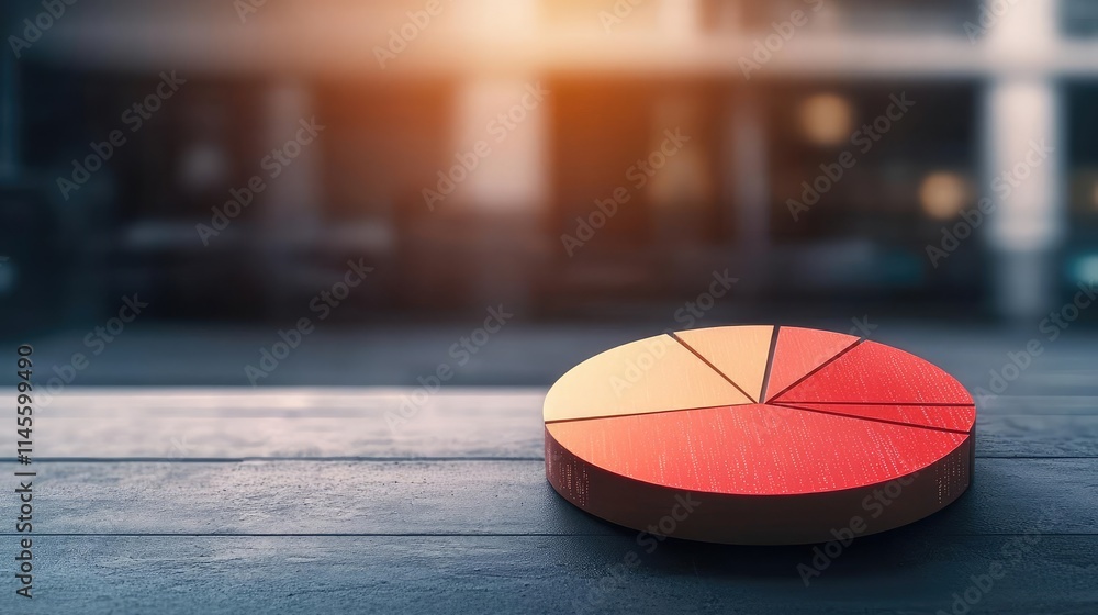 Aufkleber Capital cost concept. A pie chart on a wooden table representing data analysis and visualization.