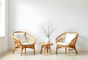 A minimalist living room with two wicker armchairs, a wooden coffee table, and a vase of branches on a white wall background