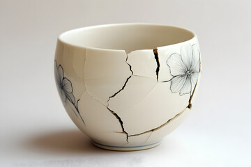 A broken white bowl with black flowers on it. The bowl is cracked and broken, but the flowers are still visible. Concept of loss and fragility