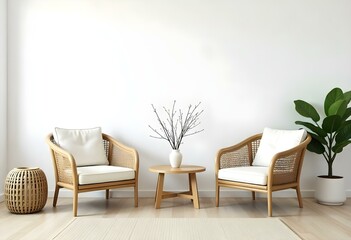 A minimalist living room with two wicker armchairs, a wooden coffee table, and a vase of branches on a white wall background