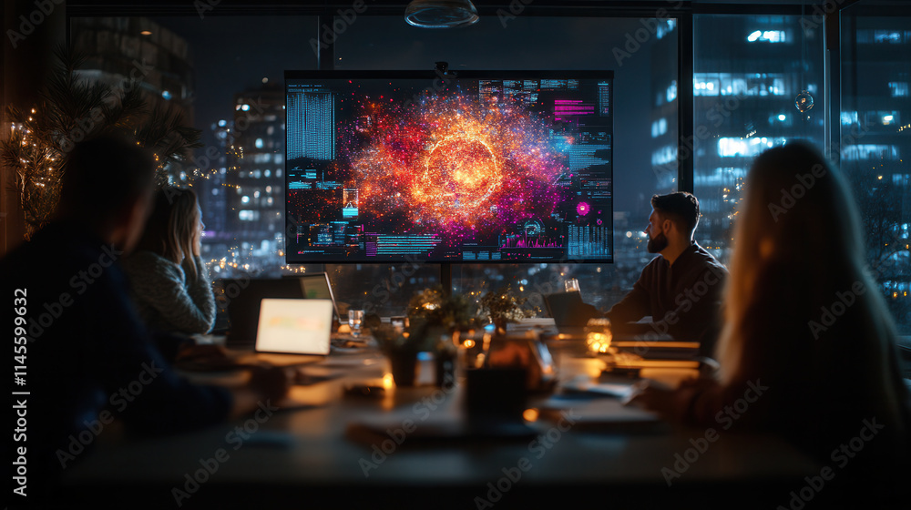 Poster data insights presentation in modern office with vibrant display
