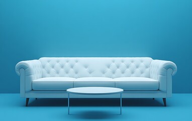 White sofa and coffee table against a blue wall in a minimalist room.