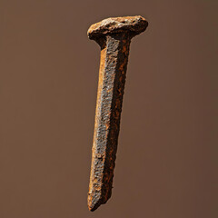 A rusty nail is shown in the air. The nail is old and worn, with a sharp point and a slightly curved end. Concept of decay and abandonment, as the nail appears to have been left to rust