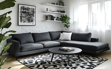 Modern living room interior with grey sectional sofa, coffee table, patterned rug, and plants.