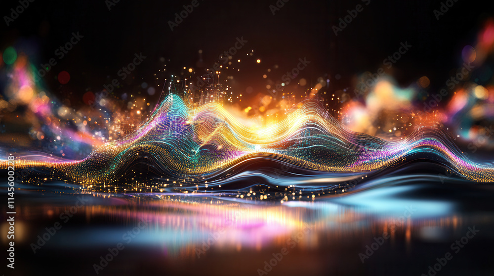Poster vibrant abstract visualization of peak energy supply with colorful waves and lights. dynamic flow cr