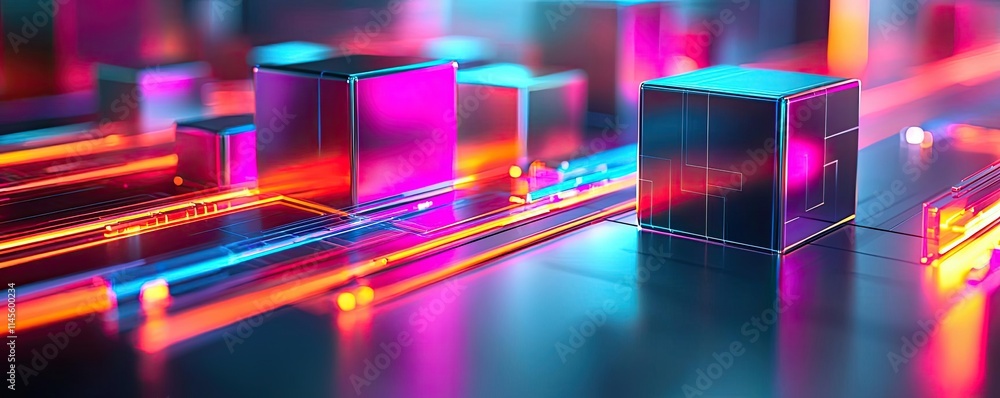 Poster inventory management concept. abstract technology landscape with colorful cubes and glowing lights.